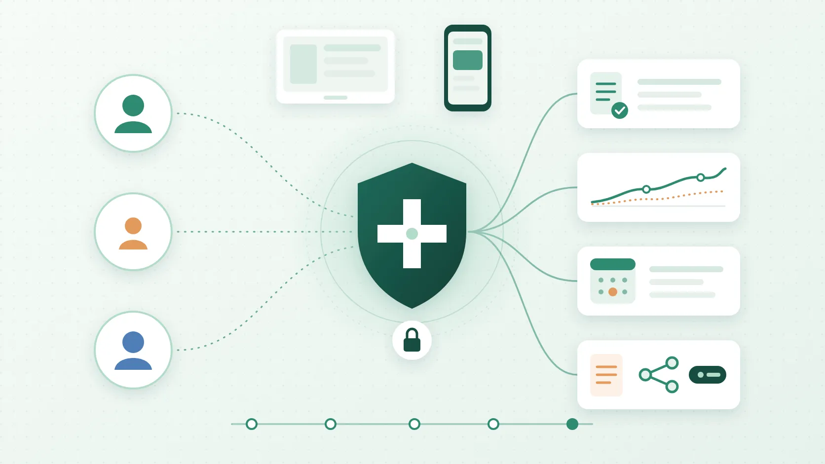 Synthetic HealthBook AI illustration: family profiles connected to a secure health record hub with document, trend, calendar and sharing modules